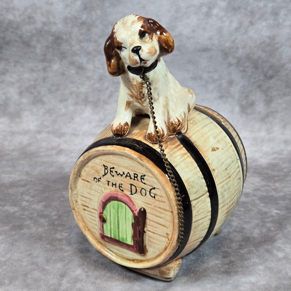 Vintage Piggy Bank Beware‎ of Dog Doghouse Barrel Ceramic